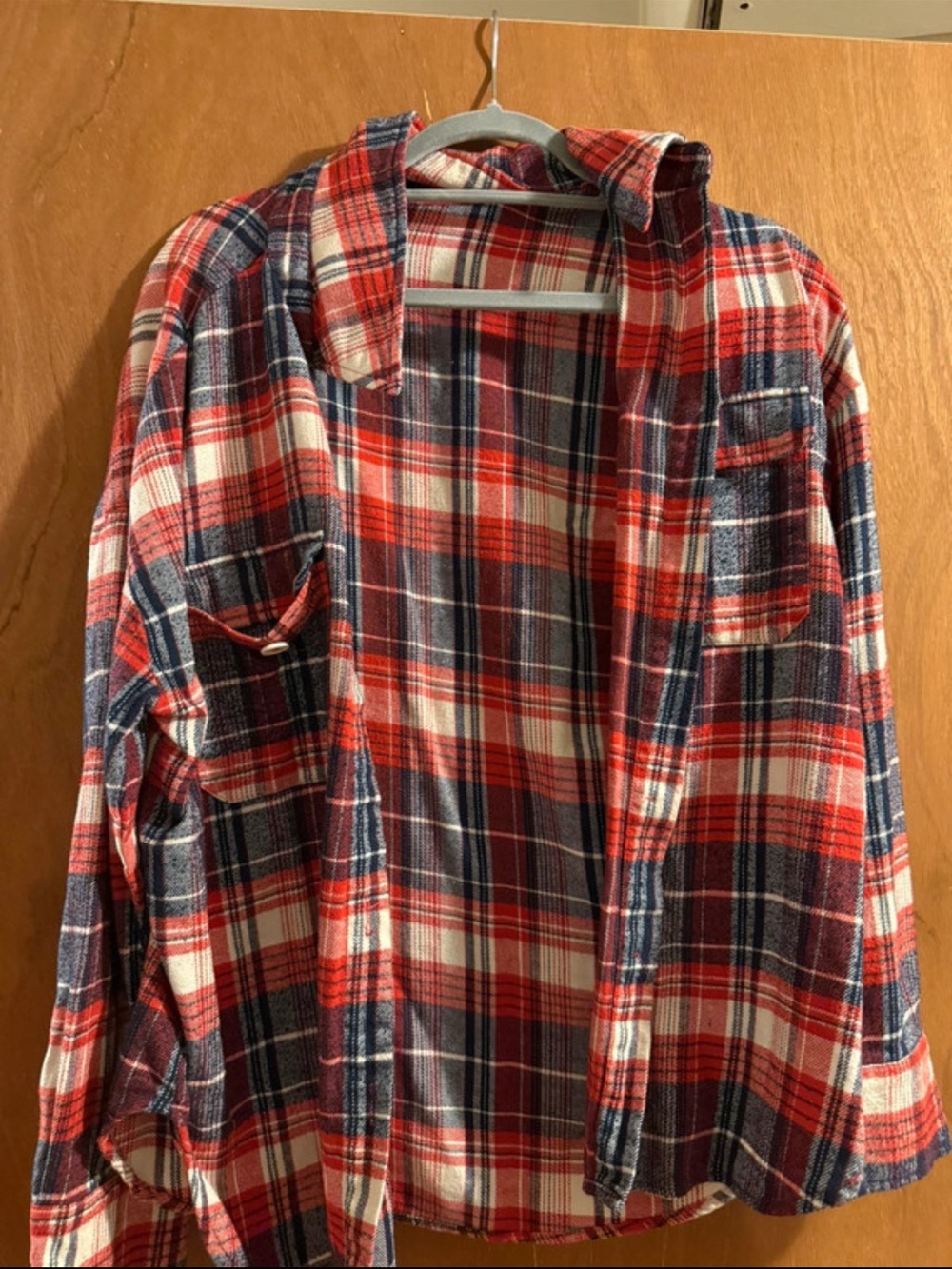 SHEIN Red Navy White Plaid Button-Down Flannel Shirt